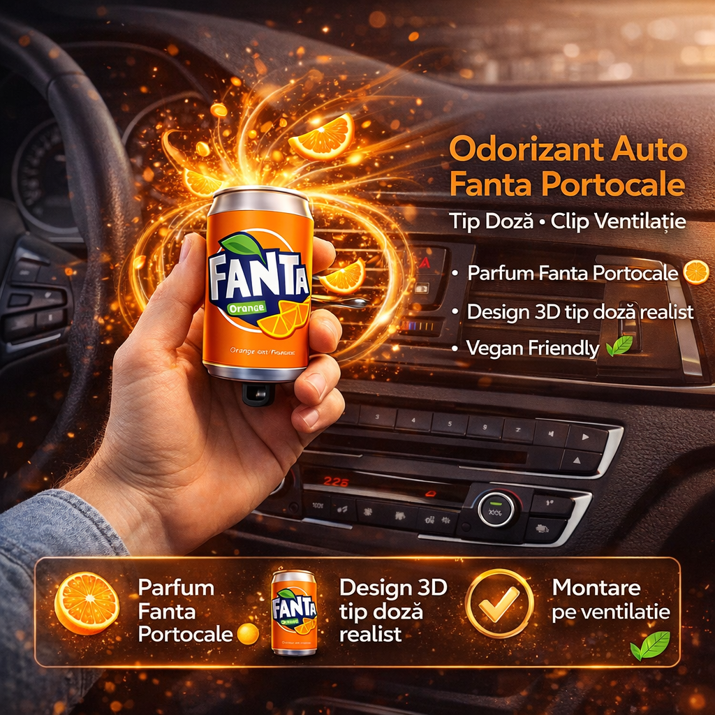 Odorizant Auto 3D Fanta Portocale, Tip Doza, Clip Ventilatie, Parfum Intens și Persistent, Design Realist, Vegan Friendly Odorizant Auto 3D Fanta Portocale, Tip Doza, Clip Ventilatie, Parfum Intens și Persistent, Design Realist, Vegan Friendly